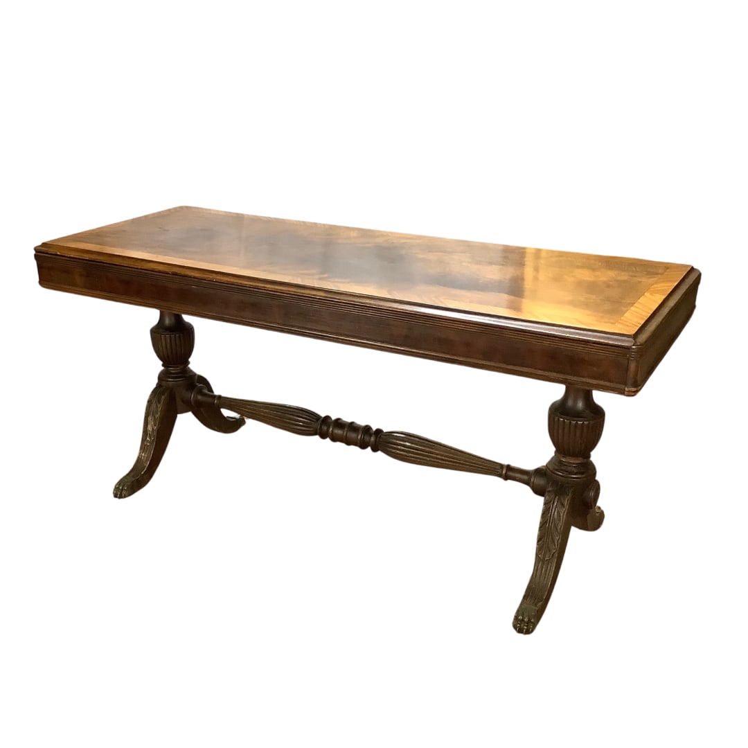 Antique Mahogany Pedestal Burl Wood Veneer Drawleaf Table (1 of 6)