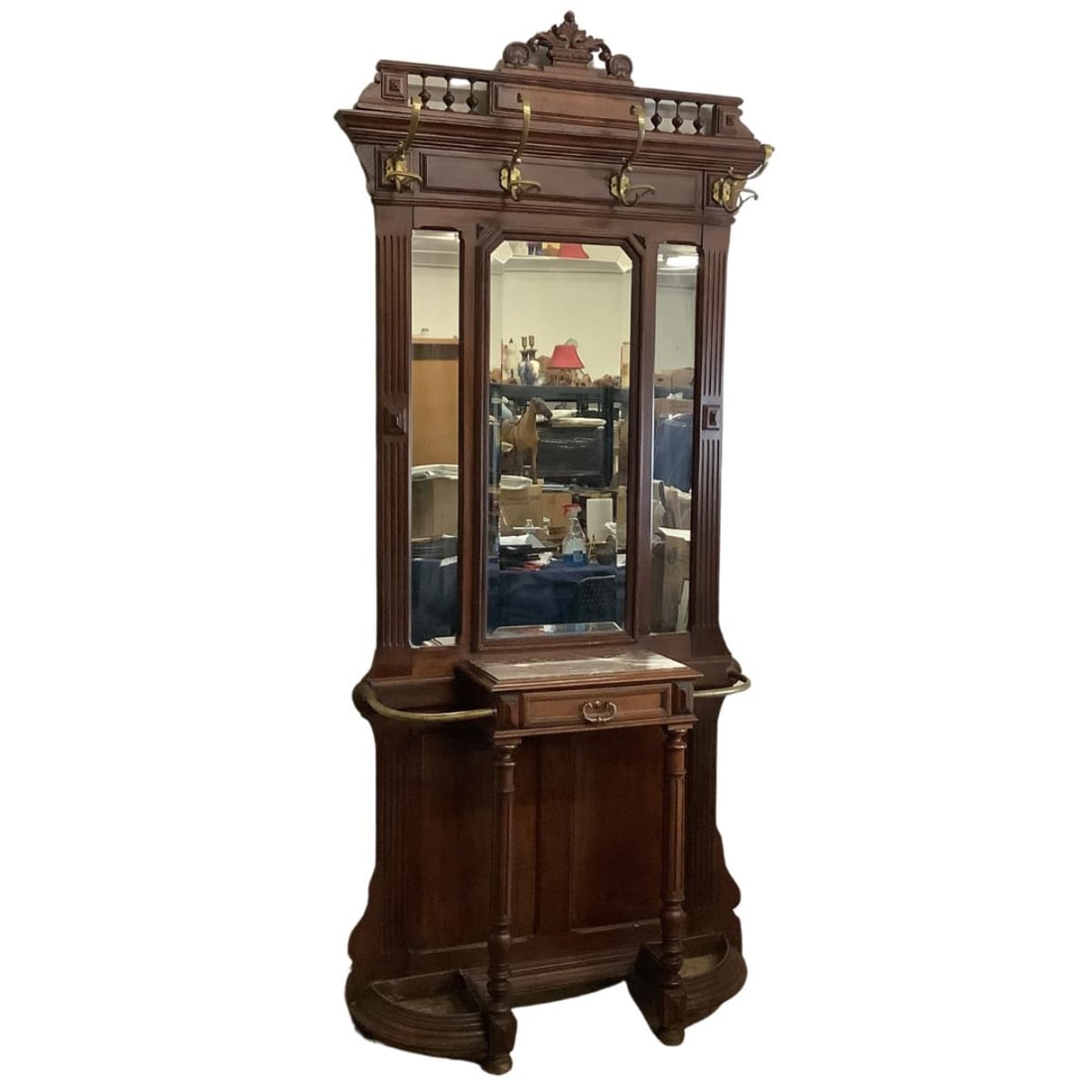 Antique Edwardian Marble Top Hall Tree With Mirror & Brass Hooks (1 of 4)