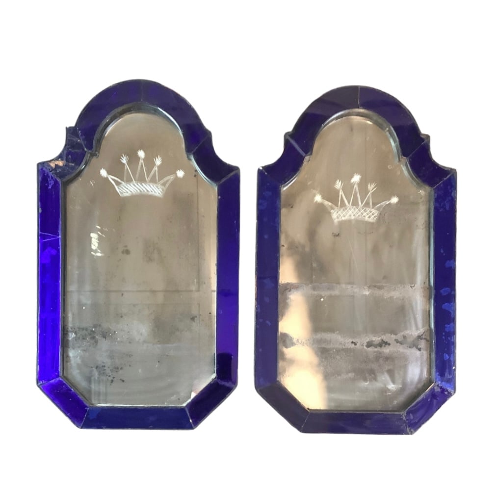 Antique Matching Blue Glass Mirrors: Crown etched in glass. Top corner of one mirror has shattered, missing glass. Measures: 26.75" high x 15.5" wide x 1.5" deep