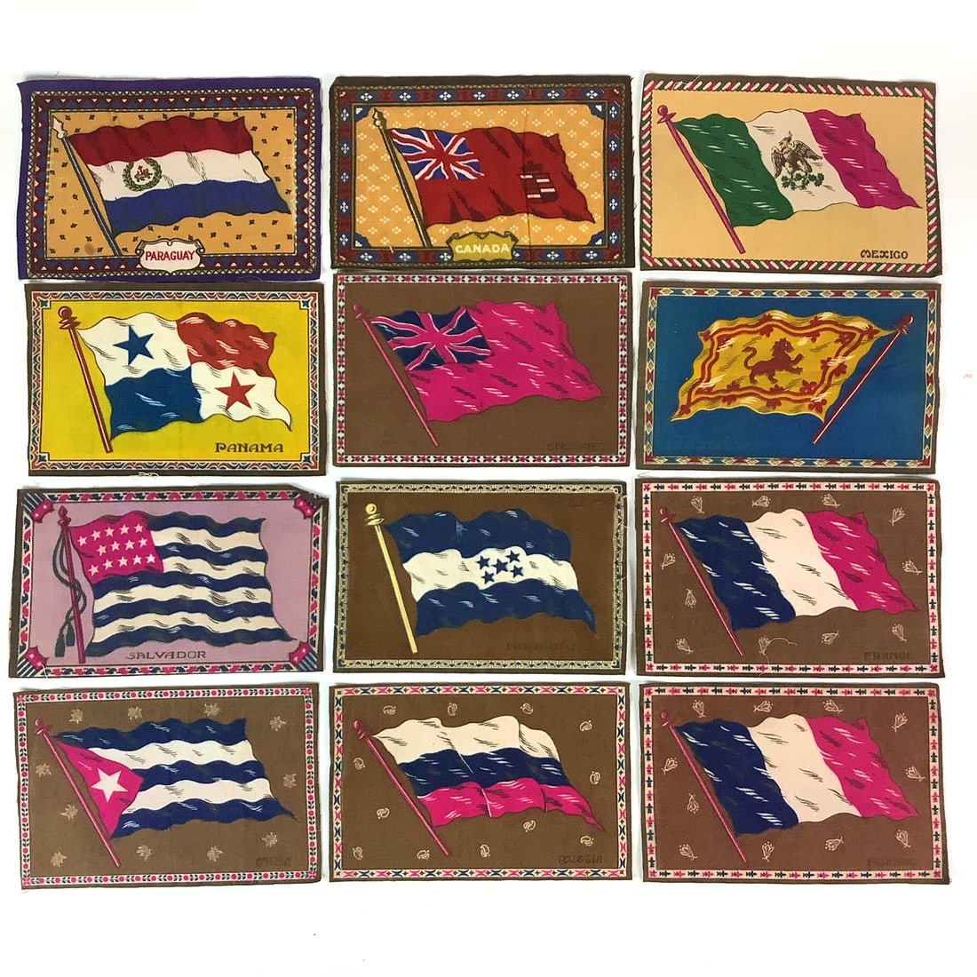 56 Tobacco Quilts/Cigar Felts Flannel Flags: 56 Total. China, Ireland, Persia, Egypt, Austria, Dominican Republic, Turkey, Panama, Paraguay, Canada, Mexico, Salvador, England, Japan, Greece, Italy, Bulgaria, Servia, Nayti, Columbia, Honduras, An