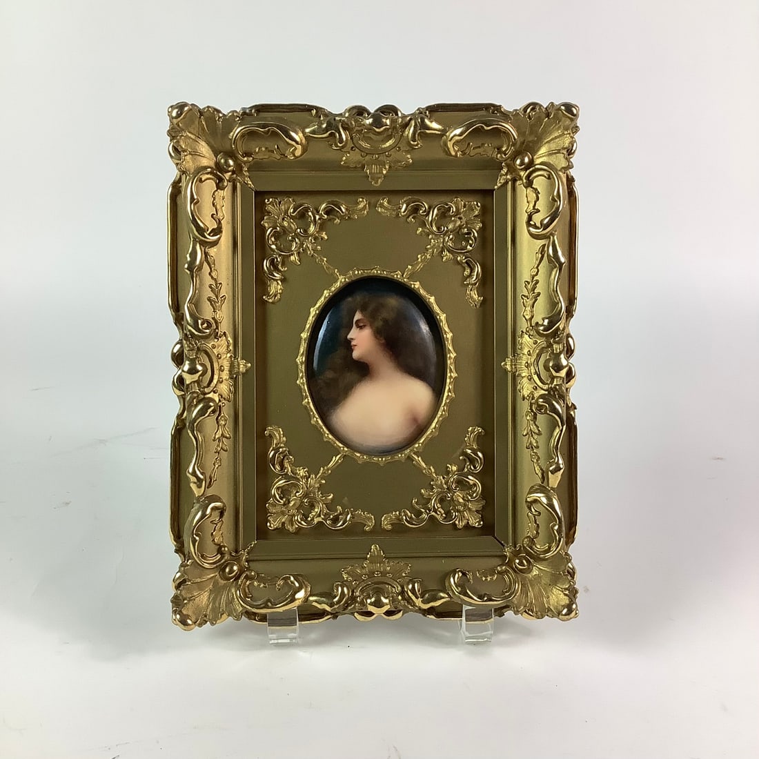 Antique Hand-Painted Porcelain Portrait Plaque of Young Woman In Small Gold Gilt Frame (1 of 4)