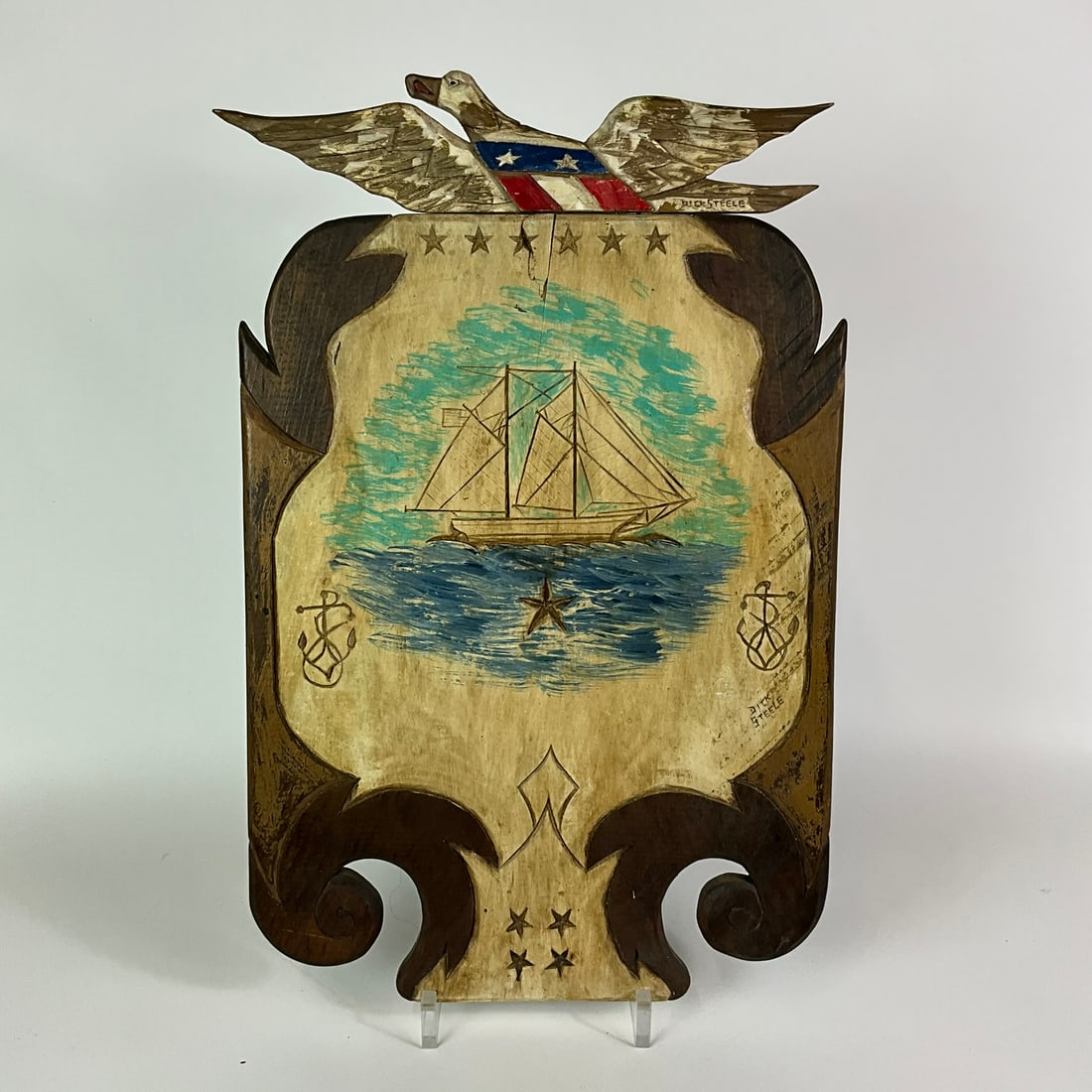 American Patriotic Carved Wooden Folk Art Bird By Dick Steele: Hand-carved, Wooden. Measures: 14.25" wide x 22.5" high