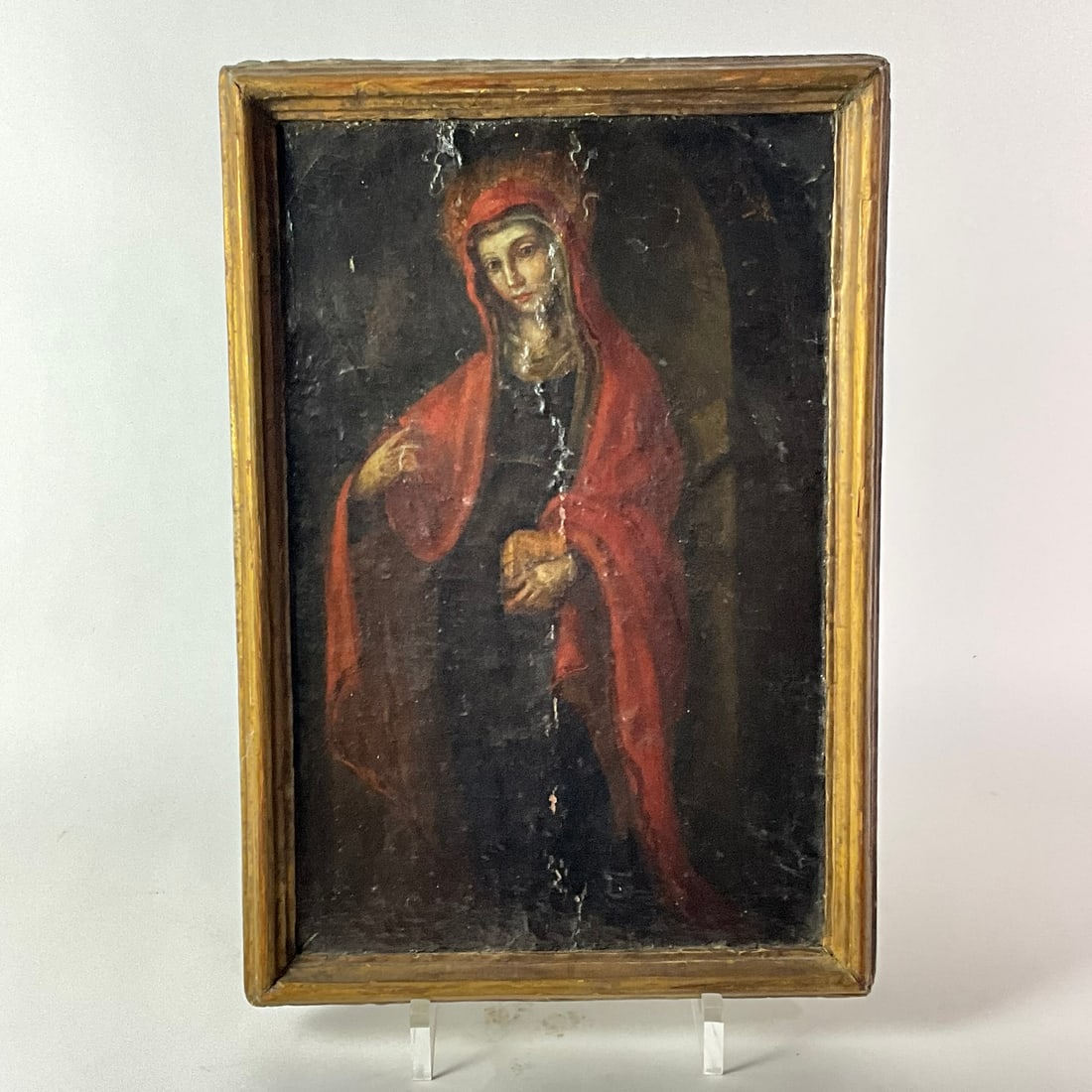 Virgin Mary Spanish Colonial Folk Art: Has crazing on piece, Measures: 11.75" wide x 17.25" high