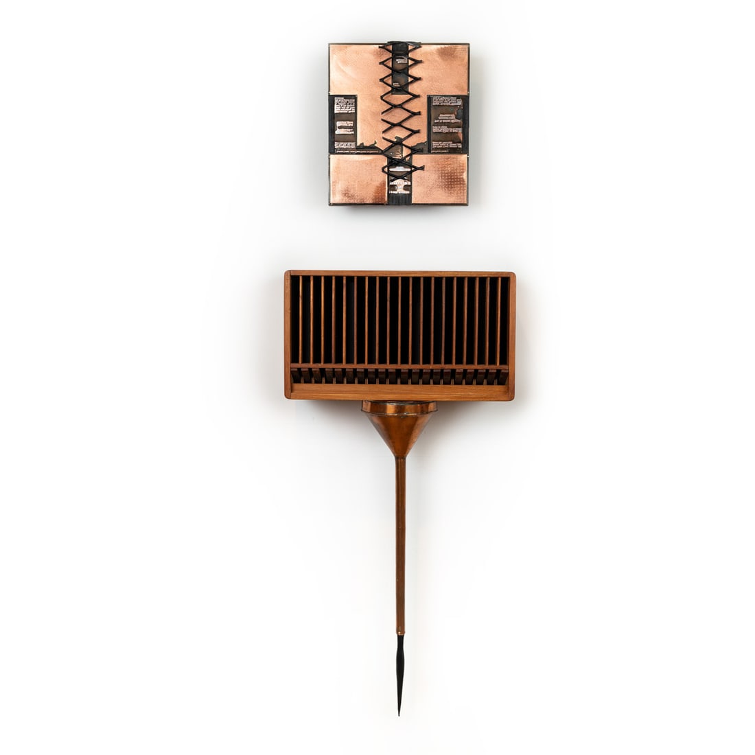 Mixed Media Assemblage Art "Distillation" by Ernest Cox (American 1937-2024): Sculpture made from wood and copper and ready made overall dimensions 14" X 40"