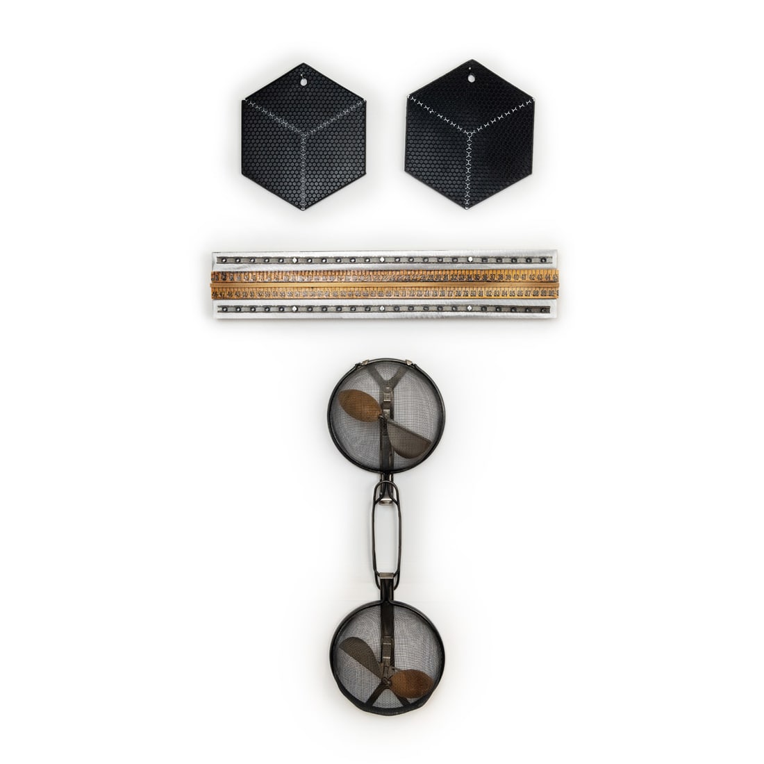 Mixed Media Assemblage Art "Recalibration" by Ernest Cox (American 1937-2024): Sculpture made from steel, wood and plastic and ready made Overall measurements 18" X 35"