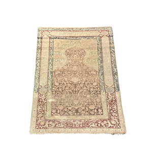 Cir 1930 Sivas Prayer Oriental Rug: Rug Size: 6.2' x 4.5' Country of Origin: Turkey. Weave style: knotted. Knot style: Seneh. Warp material: Art Silk. Weft material: Art Silk. Pile material: Art Silk. Selvage material: Art Silk. Ends: O