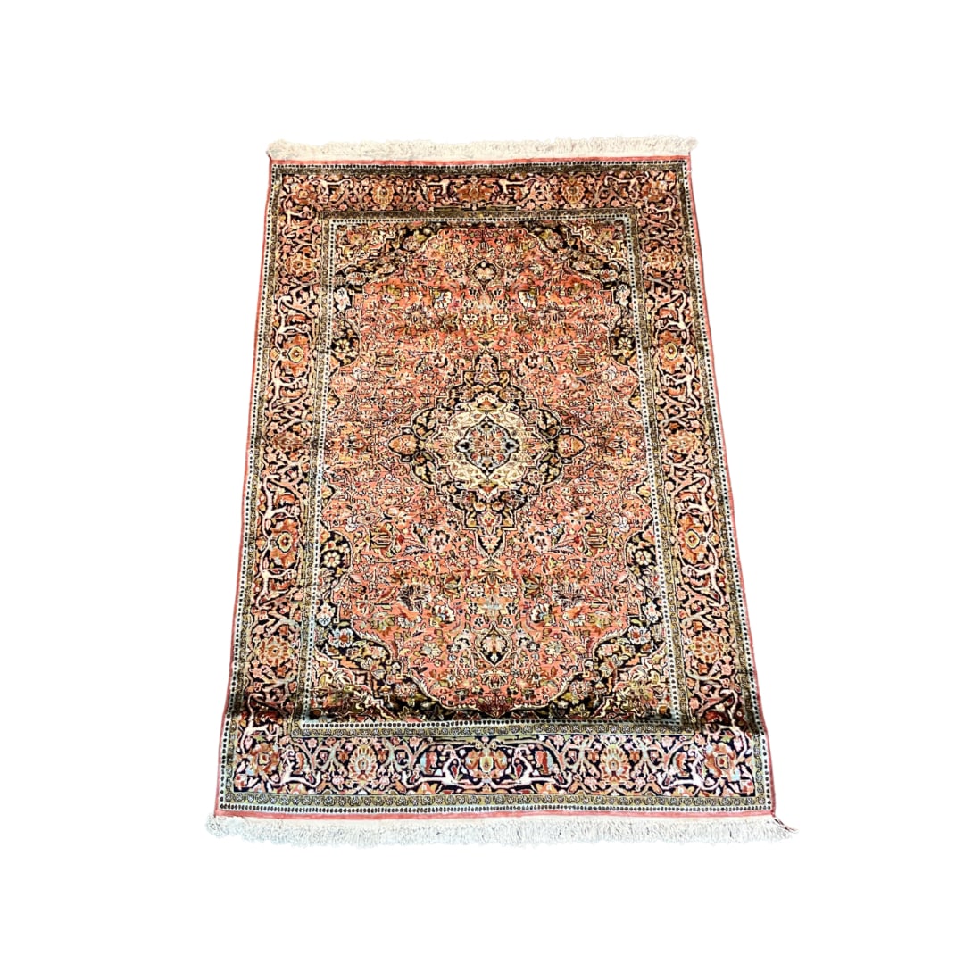 Cir 2000 Caucasian Indo Keshan Art Silk Oriental Rug: Rug Size: 6.2' x 4.2' Country of Origin: Caucasian. Weave style: knotted. Knot style: ghiordes. Warp material: cotton. Weft material: cotton. Pile material: Art silk. Selvage material: Art silk. Ends: