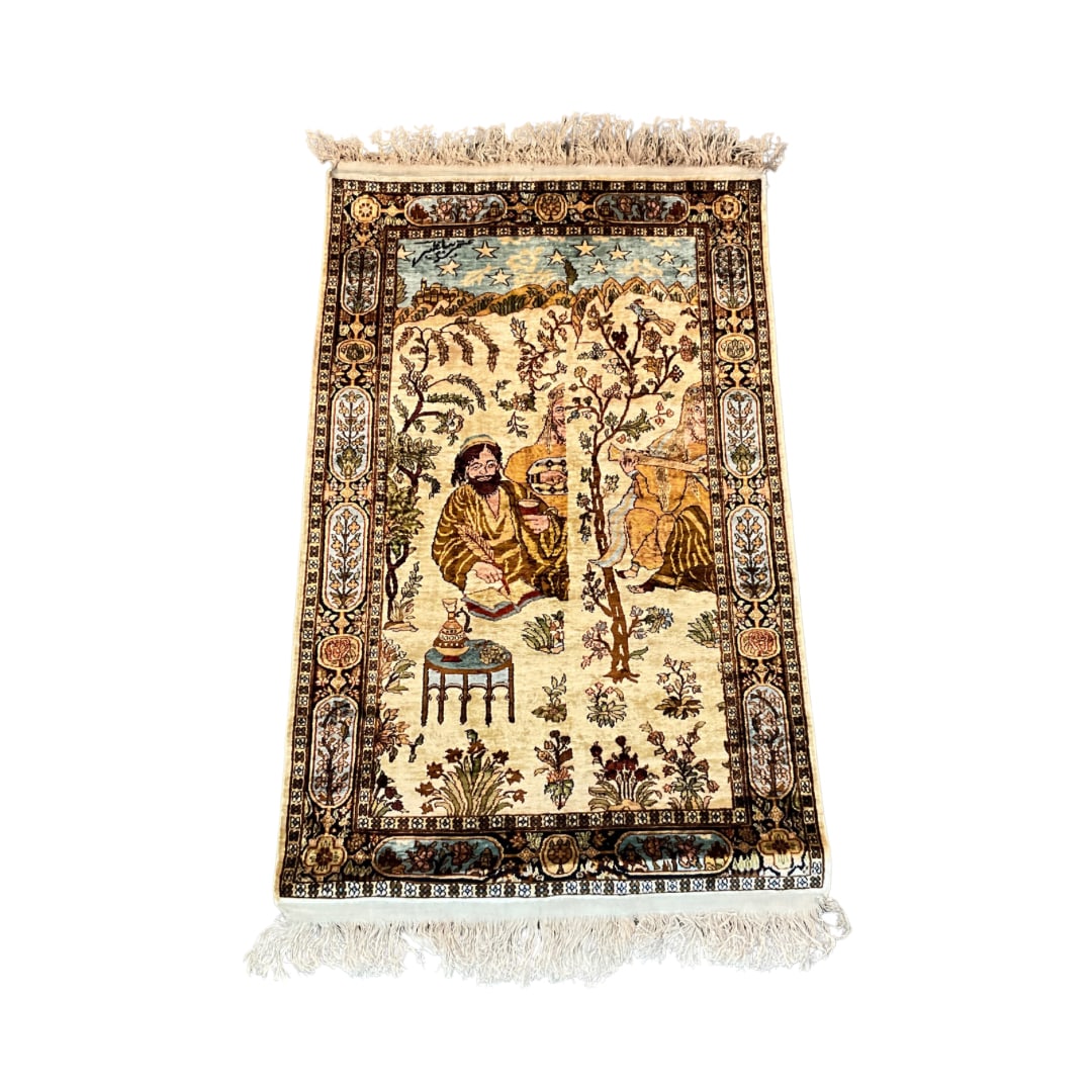 Circa Paky Persian Oriental Rug: Rug Size: 5.1' x 3.1' Country of Origin: Pakistan. Weave style: knotted. Knot style: Seneh. Warp material: cotton Weft material: cotton. Pile material: Art silk. Selvage material: Art silk. Ends: Orig