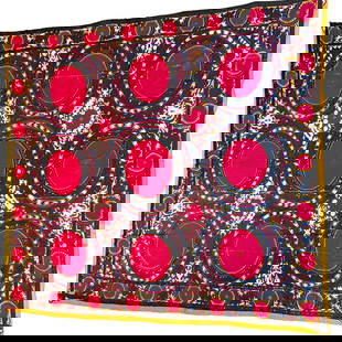 Circa 1950 Oriental Samarkand Suzani: Size: 10.9' x 9.2' Country of Origin: Turkamen. Weave style: Embroidery Tapestry. Material: cotton. Dyes: Aniline. Design is geometric pattern embroidery on cotton