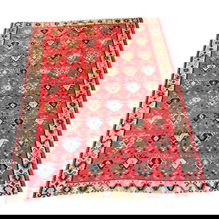 Circa 1940 Oriental Turkish Kilim Rug: Rug Size: 9.9' x 7.3'Country of Origin: Turkey. Weave style: Sumac. Warp material: wool. Weft material: wool. Pile material: wool. Selvage material: wool. Ends: Restored. Dyes: Natural and Aniline. De