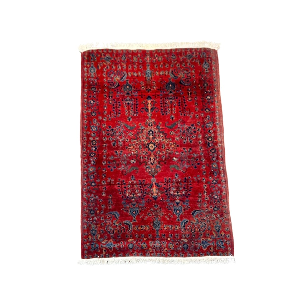 Circa 1910 Mehajeran Sarouk Rug: Rug Size: 6.5' x 4.1' Country of Origin: Iran. Weave style: knotted. Knot style: Seneh. Warp material: cotton. Weft material: cotton. Pile material: wool. Selvage material: wool. Ends: Restored. Dyes:
