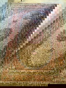 Hand Knotted Persian Signed Ghoum Oriental Silk Rug: Rug Size: 7' x 4'Weave style: Handknotted, silk