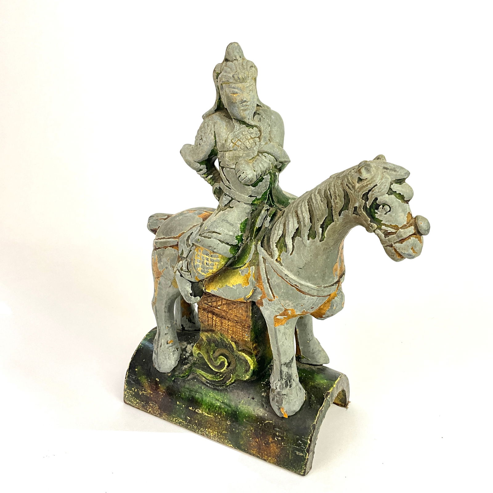 Antique Chinese Pottery Roof Tile Surmounted By A Lead Horse With Warrior (1 of 5)