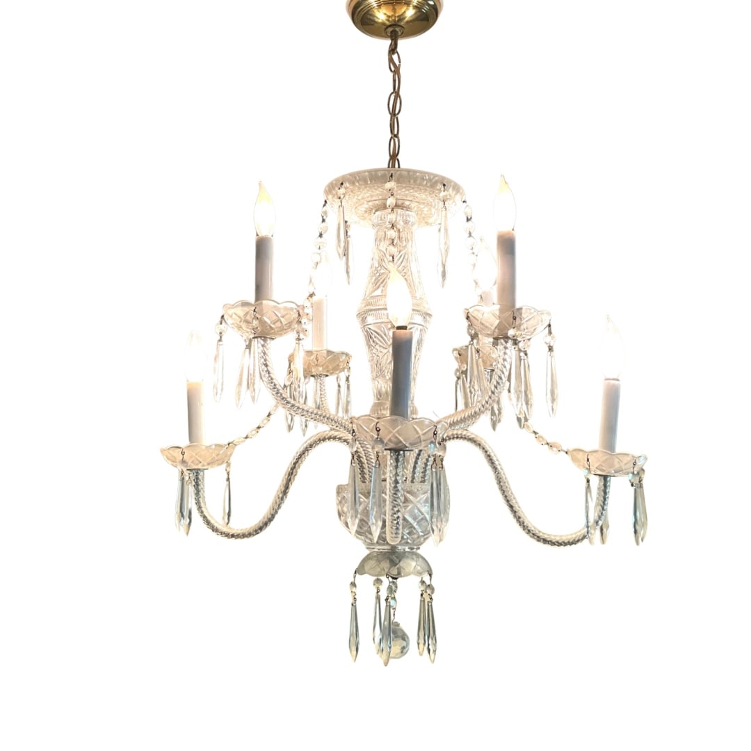 Antique Waterford Four Arm Chandelier: Rope Style Prisms, Cut shaft, Cut arms. Originally was fitted for more arms. Measures: 24" wide x 24" highThis item will require a crate for shipping please contact us for a local shipping quote