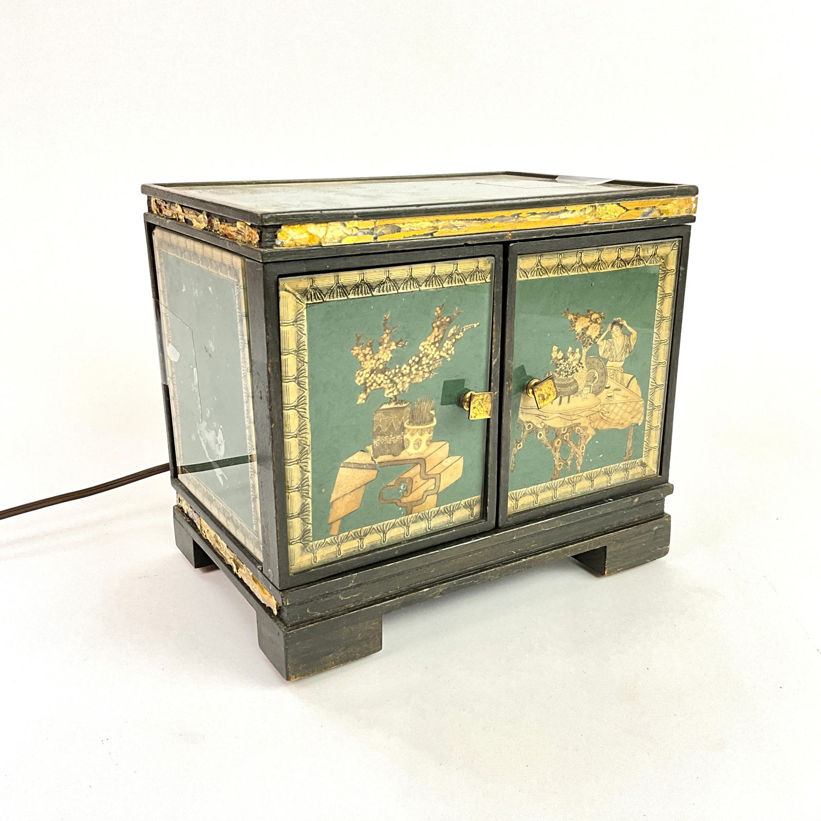 Vintage Chinese Reverse Painting On Glass Radio Box: Glass is painted on the sides and front Measures: 6.5" deep x 9.5" long x 8.5" high