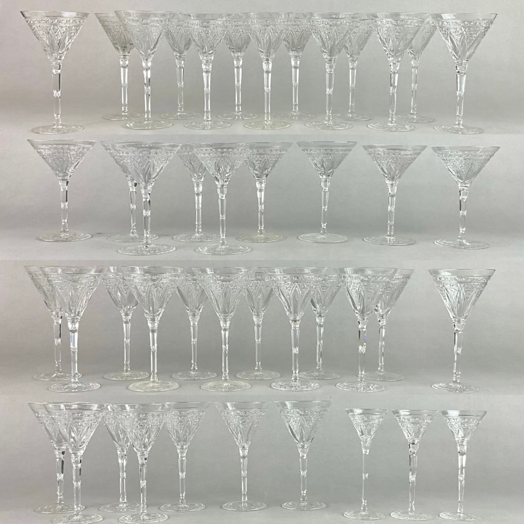 44 Piece Set of Étampes By Baccarat Stemware: 13 Water Goblets (7.75" high x 4.25" diameter), 9 Red wine Glasses (6.25" high x 4.25" diameter), 12 White Wine Glasses (6.5" high x 3.5" diameter), 7 Cordials (5.5" high x 3" diameter), 3 Shot Stems
