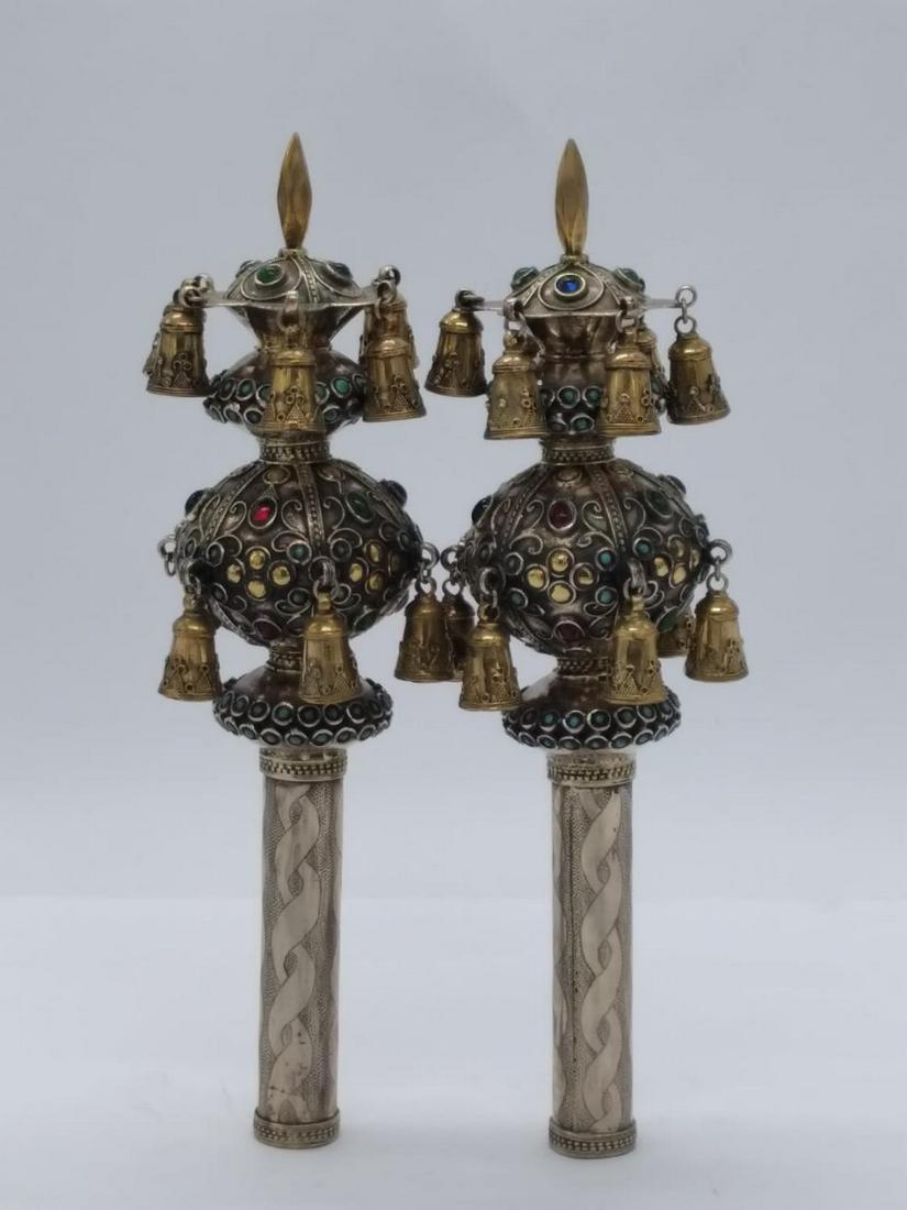 A pair of antique Turkmen Torah grenades adorned with pilgrim parts (1 of 4)