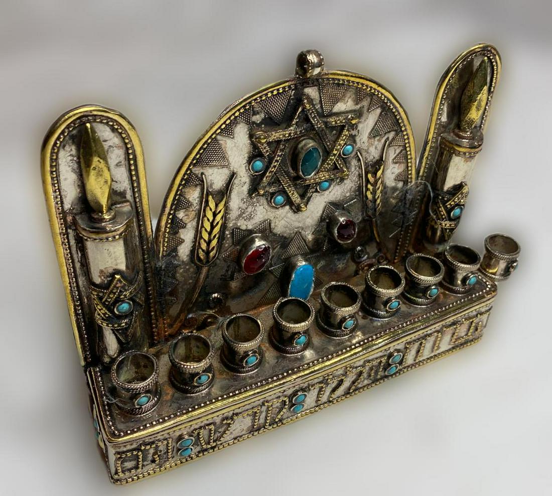 JUDAICA, MENORAH, Persian Mixed silver with agate stones (1 of 3)