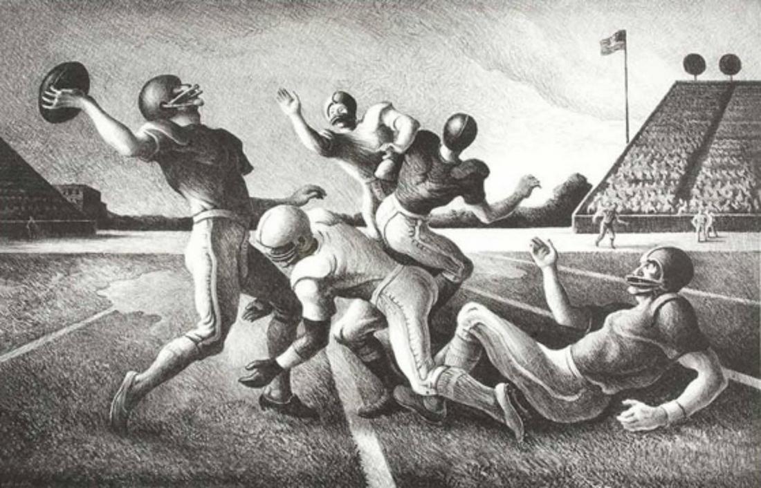 Thomas Hart Benton, Forward Pass, 1972: Artist: Thomas Hart Benton Title: Forward Pass, Date Of Negative: 1938 Type Of Print: Vintage Photogravure/Lithograph, Printed from the original plate Date Of Print: 1972 Paper: Medium weight, satin/m