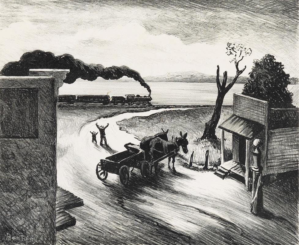 Thomas Hart Benton, Edge of Town, 1938: Artist: Thomas Hart Benton (1889-1975) was an American painter and muralist. Along with Grant Wood and John Steuart Curry, he was at the forefront of the Regionalist art movement. The fluid, sculpted