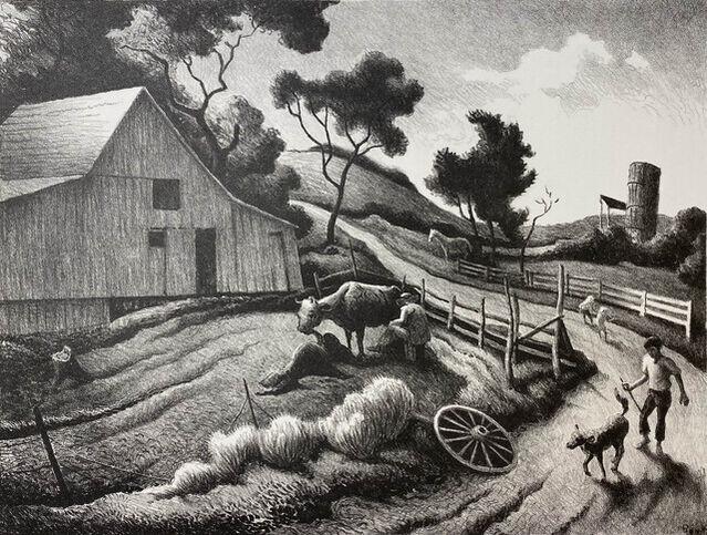 Thomas Hart Benton, Farm, 1972: Artist: Thomas Hart Benton (1889-1975) was an American painter and muralist. Along with Grant Wood and John Steuart Curry, he was at the forefront of the Regionalist art movement. The fluid, sculpted