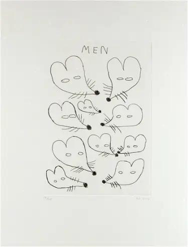 David Shrigley "Men" Etching Signed Ed. 17/20 Framed: . David Shrigley . MEN . Etching . 39 x 29 cm . Framed 44.5 x 36cm. . Edition 17/20 . Float framed conservation style in matt black moulding. . pencil signed and numbered by the artist.
