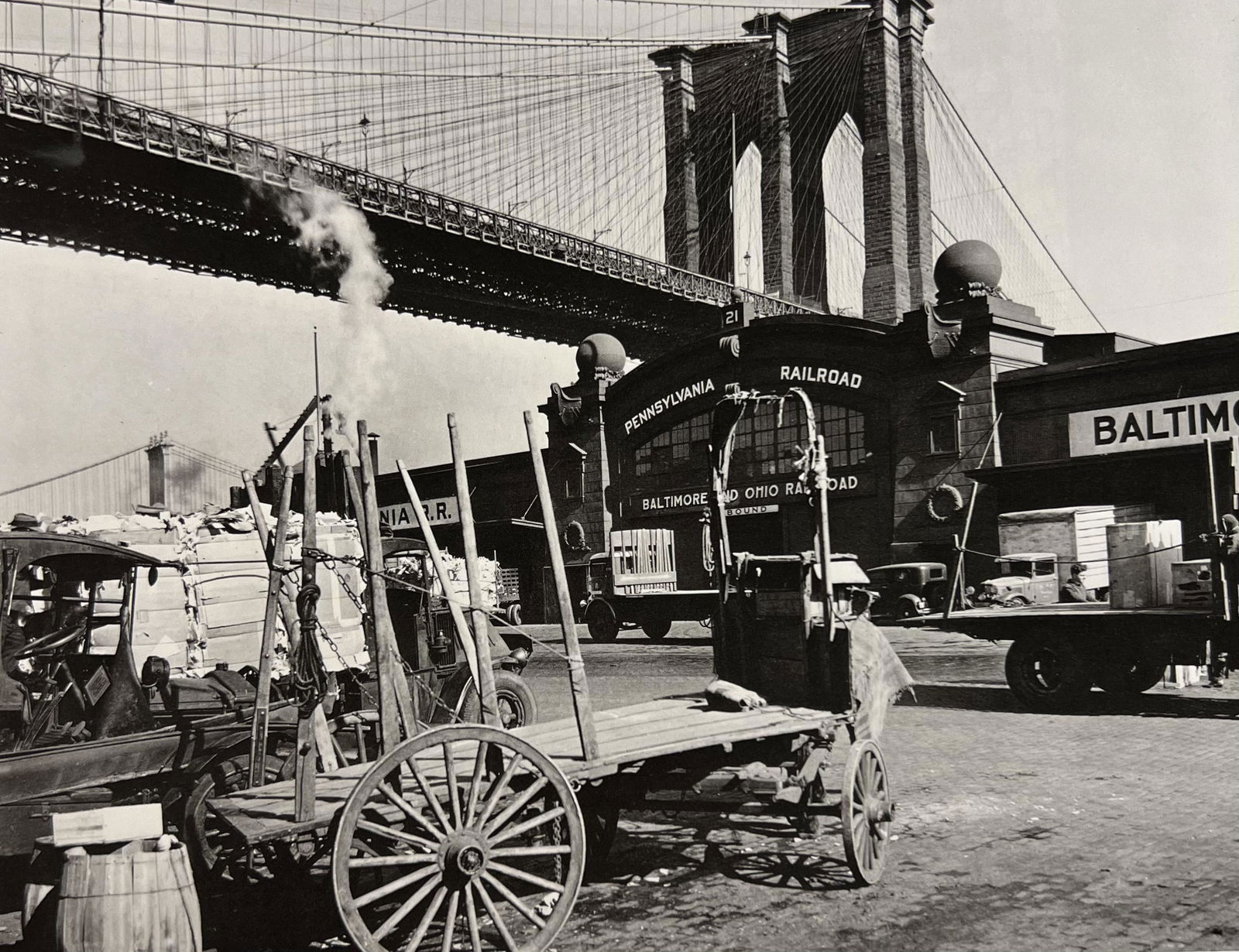 Berenice Abbott, Brooklyn Bridge With Pier 21, Pennsylvania Railroad, 1930s (1 of 1)