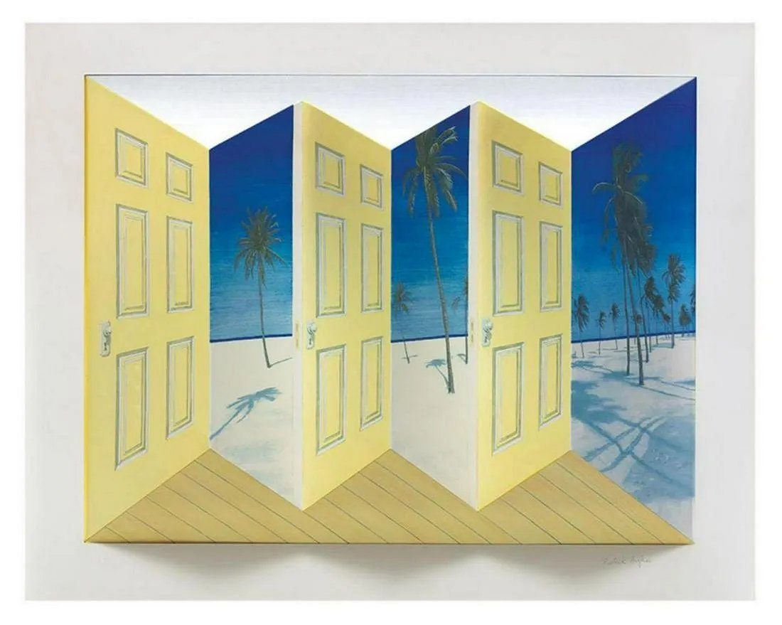 PATRICK HUGHES, Palm Door - 1998, 3D multiple: Patrick Hughes Palm Door, 1998. Hand painted multiple with lithography. 51 x 63 x 16 cm. 20 x 24 3/4 x 8 1/4 in. Edition: 25/35 Pencil Signed and numbered by the artist Comes in the original plexi box