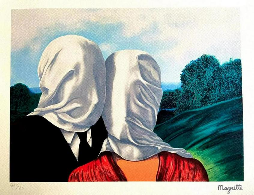 RENE MAGRITTE, 'LOVERS' 1986, LIMITED EDITION LITOGRAPH: Rene Francois Ghislain Magritte (21 November 1898 â€“ 15 August 1967) was a Belgian surrealist artist known for his depictions of familiar objects in unfamiliar, unexpected contexts, which often 