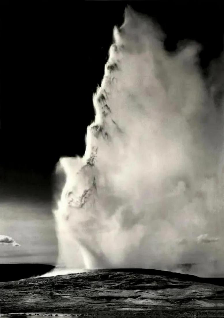ANSEL ADAMS, Old Faithful Geyser Eruption, 1949: Photographer: Ansel Adams (American, 1902 - 1984) - Internationally renowned American photographer. One of the most influential artists in photographic history. Title: "Old Faithful Geyser Eruption" D