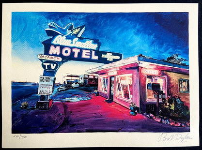 Bob Dylan 'Motel of the Blue Swallow: Route 66' Limited edition lithograph: BOB DYLAN ''Motel of the Blue Swallow: Route 66" Lithograph on paper 30 x 41cm. Edition of 250, Numbered in pencil Bob Dylan's signature printed in lithography on the plate Published by Modern Art