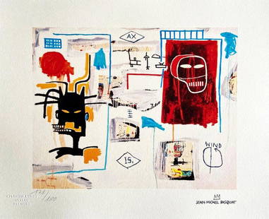 Jean-Michel Basquiat 'Superscript - 1987' Limited Edition Lithograph: Jean-Michel Basquiat "Superscript" Chromo lithograph printed in 1987 and reproduced in 180 copies by Atlantis Verlag, Freiburg 33x40 cm. Jean-Michel Basquiat's signature on the plate Embossed stamp