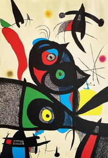 Joan Miro 'Praise to Joan Miro : A Plate' 1973, limited edition lithograph: JOAN MIRO "Praise to Joan Miro : A Plate" Lithograph d'apres printed in 1973 by the Polygraph of Barcelona Joan Miro's signature is on the plate. The graphic work measures 26.5x38 cm References: