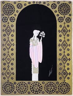 ERTE, LA PRINCESSE LOINTAINE: LES FEMMES DE MILISSINDE, 1929,: Artist: ERTE Title: LA PRINCESSE LOINTAINE: LES FEMMES DE MILISSINDE Size: 15 X 11 INCHES Year: 1929 Medium: GOUACHE ON PAPE Edition: ORIGINAL Description: Hand signed on front. On verso, titled