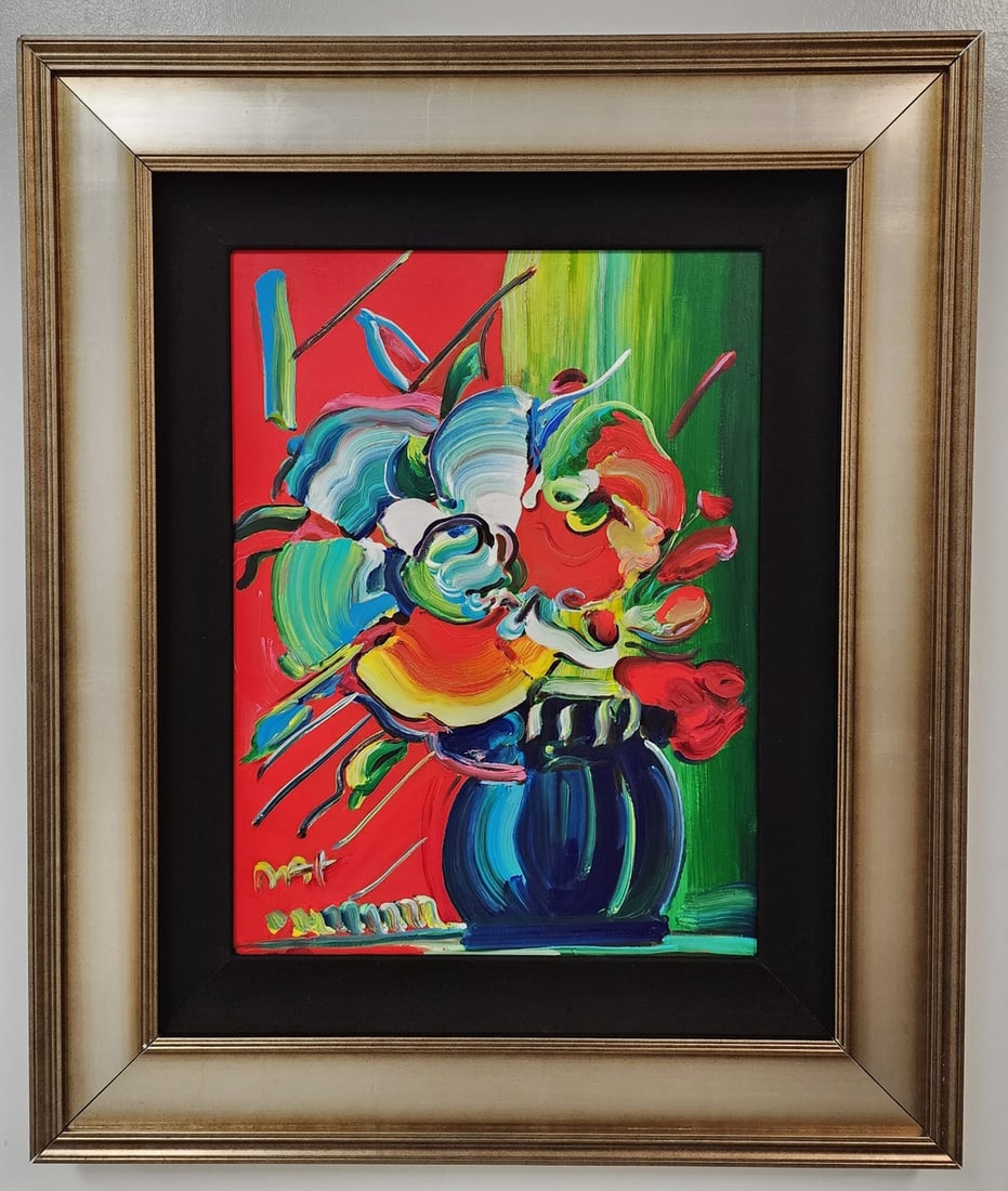 Peter Max 'Vase of Flowers , Acrylic on canvas, Max COA (1 of 4)