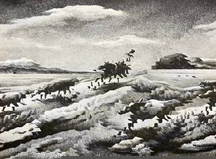 Thomas Hart Benton, Wyoming Autumn, 1974: Artist: Thomas Hart Benton (1889-1975) was an American painter and muralist. Along with Grant Wood and John Steuart Curry, he was at the forefront of the Regionalist art movement. The fluid, sculpted