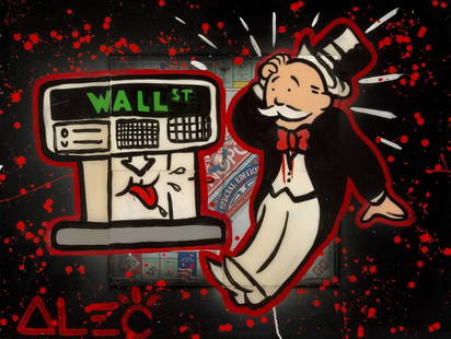 Alec Monopoly ATM MONOPOLY 2014: Original mixed media on canvas with resin. Hand signed on front by the artist. Canvas is stretched. Artwork is in excellent condition. Certificate of authenticity included. Creator: Alec Monopoly (Ame