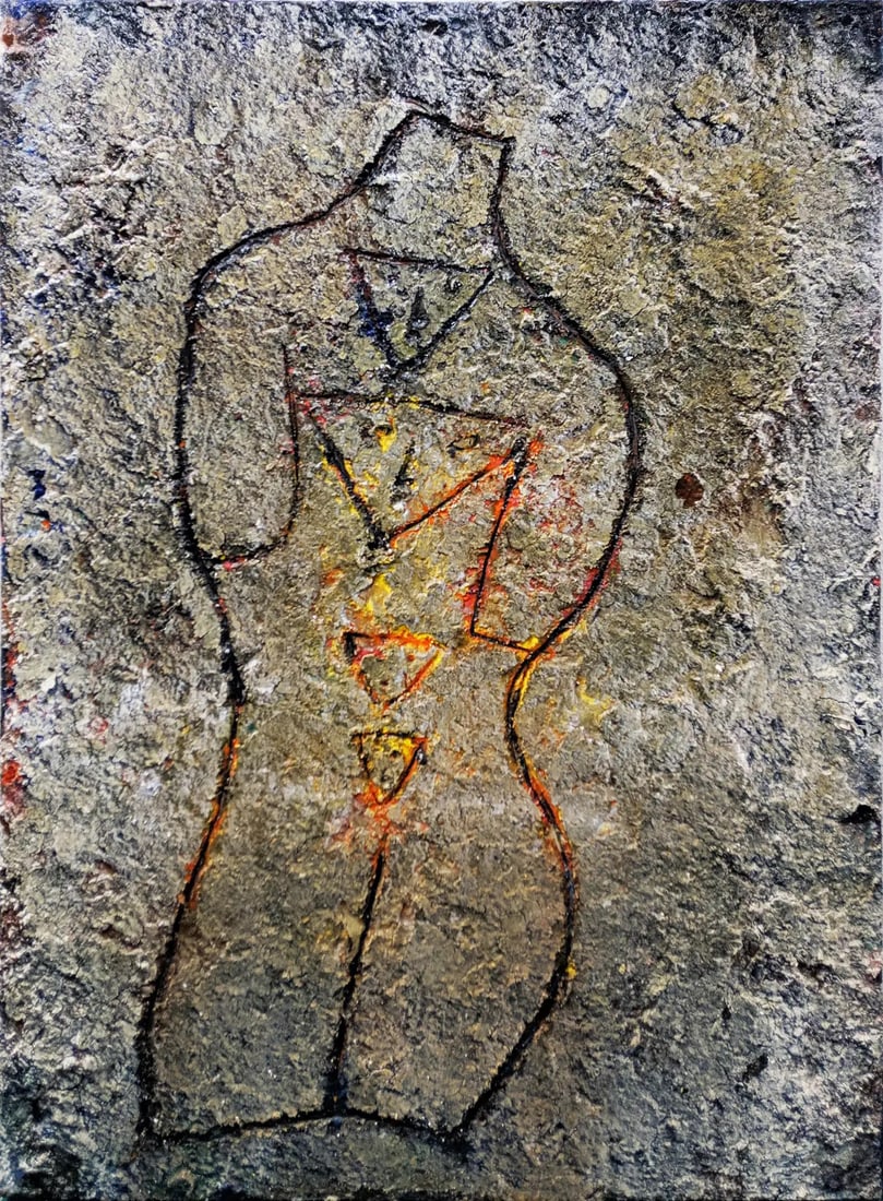 Jamali, Original fresco tempura painting UNTITLED: Original fresco tempura painting. Artwork is in excellent condition. Certificate of authenticity included. Creator: Jamali (1944, Pakistani) Dimensions: Height: 53.5 in (135.89 cm)Width: 39.5 in (100.