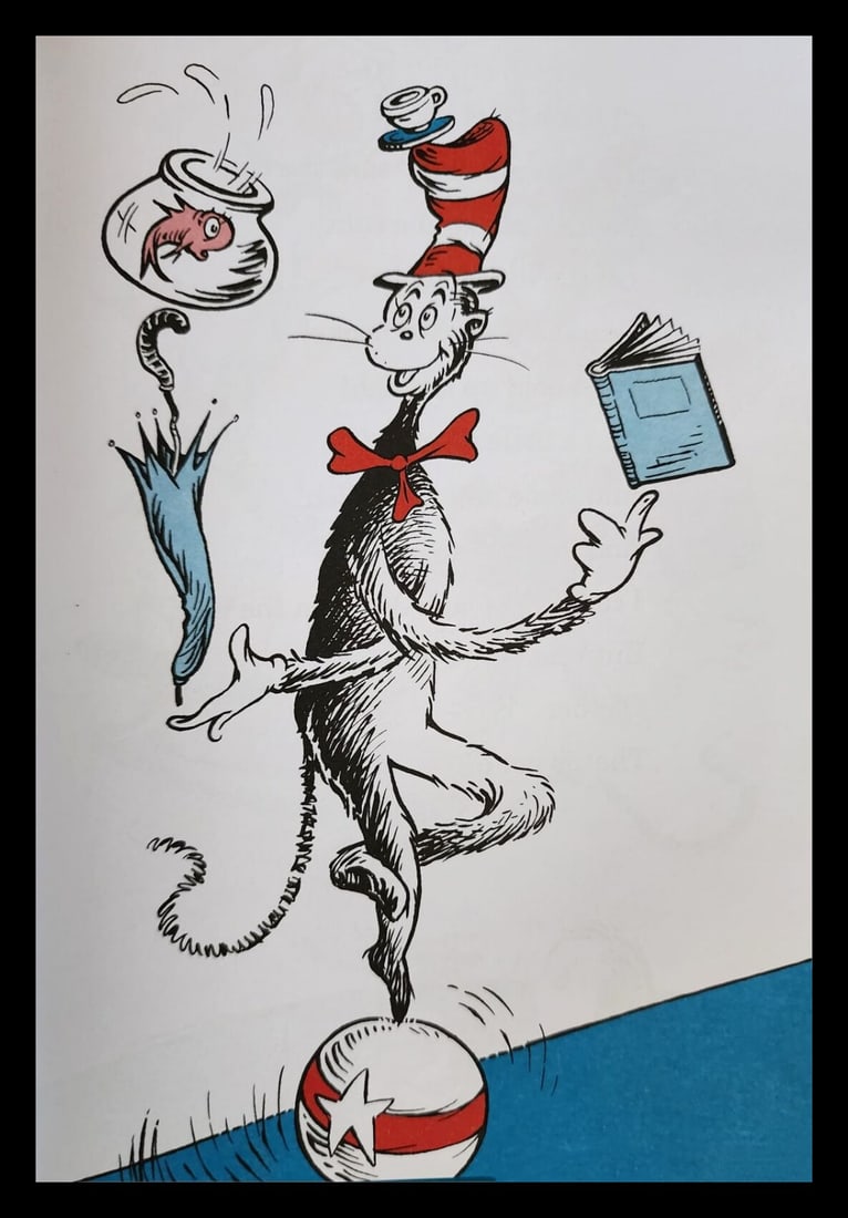 Dr. Seuss 'The Cat in the hat - 1957": Dr. Seuss Title: Dr. Seuss 'The Cat in the hat - 1957" Medium: Offsetlithograph Date Of Print: 1985 Approximate Image Size: 9 x 6.5 inches. Approximate size with mat: 11 x 14 inches. Mat: Professional
