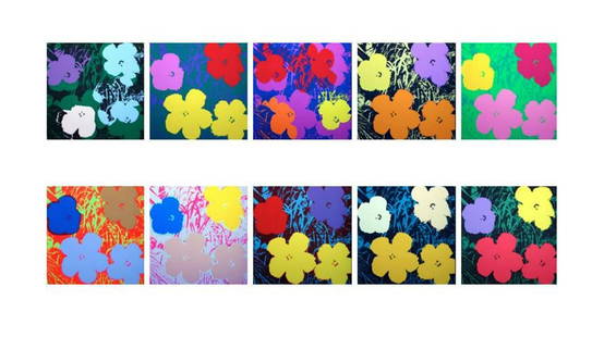 Andy Warhol, FLOWERS, 10 Piece Portfolio, SERIGRAPH SUNDAY B. MORNING: Ten Piece Portfolio Artist: Andy Warhol Title: Flowers (Sunday B. Morning) Size: 36" X 36" each Verso: Fill in your own signature and, published by Sunday B. Morning stamps Technique: serigraph On Mus