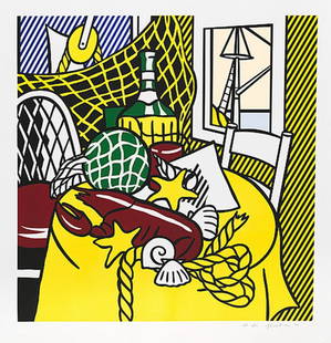 Roy Lichtenstein STILL LIFE WITH LOBSTER 1974: Artist: LICHTENSTEIN, ROY Title: STILL LIFE WITH LOBSTER Size: 38.625 x 37.4375 INCHES Year: 1974 Medium: LITHOGRAPH & SCREENPRINT ON RIVES BFK PAPER Edition: 61/100 Description: Hand signed, dated an