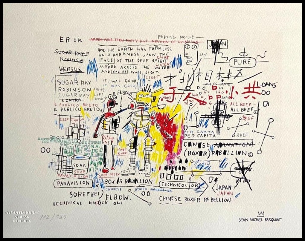 Jean-Michel Basquiat 'Boxer Rebellion - 1987' Limited Edition Lithograph: Jean-Michel Basquiat "Boxer Rebellion" Chromo lithograph printed in 1987 and reproduced in 180 copies by Atlantis Verlag, Freiburg 33x45 cm. Jean-Michel Basquiat signature on the plate Embossed stamp 