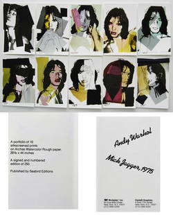 Mick Jagger portfolio, 1975, hand signed by Andy Warhol,: ANDY WARHOL Mick Jagger portfolio, 1975 offset lithograph 10 Cards Includes Dust Jacket Numbered 1-10 on the back of the Card, Each printed with Warhol and Jagger stamp signatures Images Size: 6 x 4 i