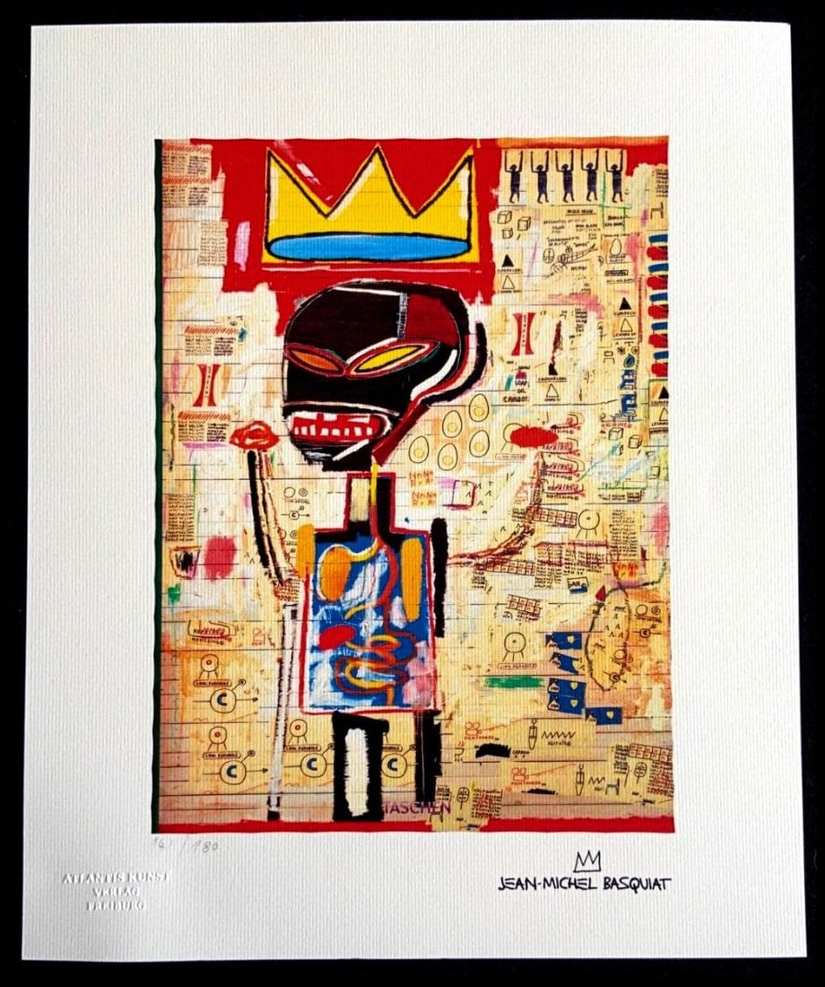 Jean-Michel Basquiat 'Chard Cover - 1987' Limited Edition Lithograph: Jean-Michel Basquiat "Chard cover" Chromo lithograph printed in 1987 and reproduced in 180 copies by Atlantis Verlag, Freiburg 33x40 cm. Jean-Michel Basquiat signature on the plate Embossed stamp and