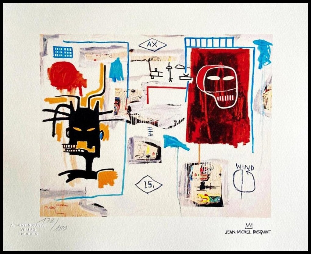 JEAN-MICHEL BASQUIAT 'SUPERSCRIPT - 1987' LIMITED EDITION LITHOGRAPH: Jean-Michel Basquiat "Superscript" Chromo lithograph printed in 1987 and reproduced in 180 copies by Atlantis Verlag, Freiburg 33x40 cm. Jean-Michel Basquiat's signature on the plate Embossed stamp an