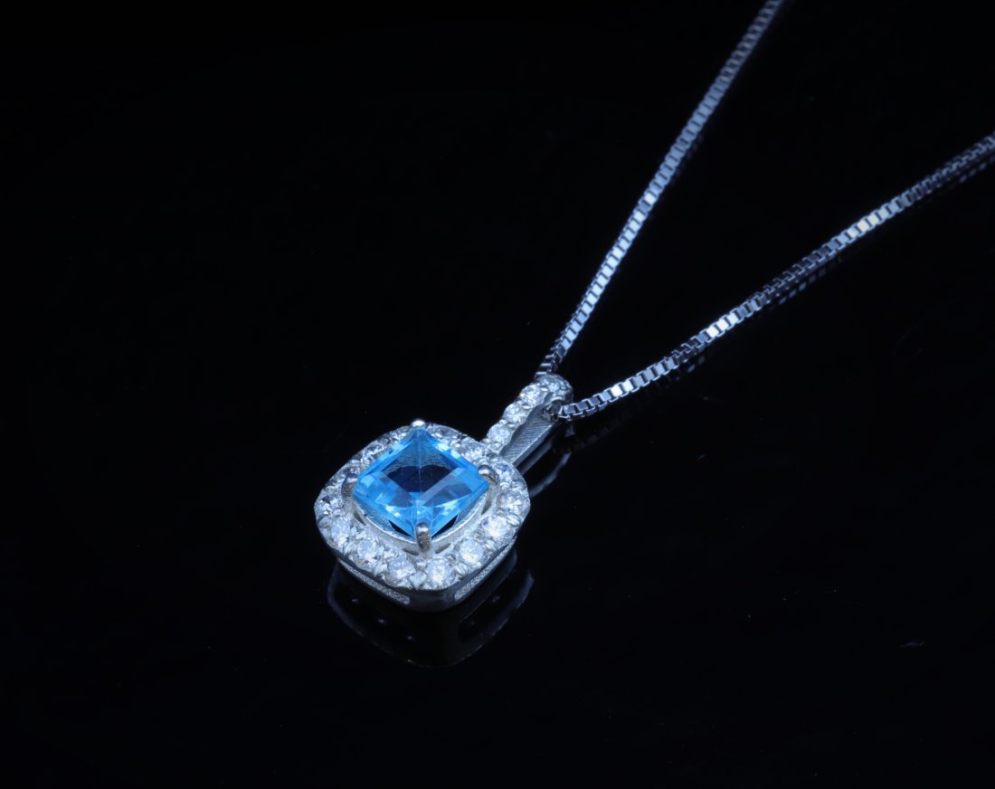 Fine Jewelry Natural  Blue Topaz Halo Diamond Pendant Necklace Made From 925 sterling silver (1 of 3)