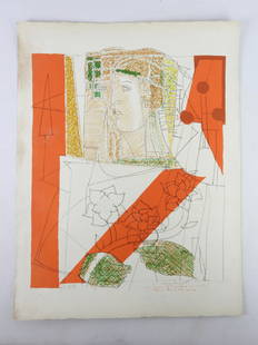 Max PAPART (1911-1994) : Sans titre (femme aux fleurs). Lithographie et collage HC II / XX,: Max PAPART (1911-1994) : Sans titre (femme aux fleurs). Lithographie et collage HC II / XX, dÃ©dicacÃ©e "Pour Jacques e Monique en amitiÃ© Ã Paris Avril 1951". 65 x 50 cm. (traces