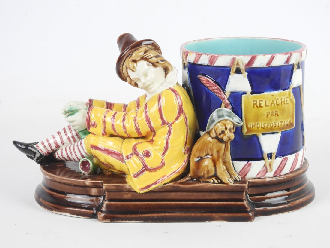 Sarreguemines French Majolica Street entertainer tobacco jar, 10 inches long. Marked SARREGUEMINES (1 of 5)