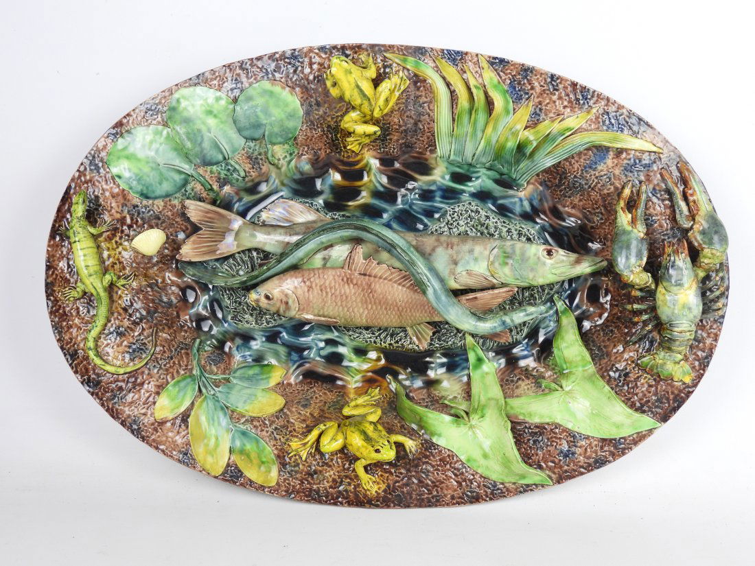 Thomas SERGENT Monumental Palissy style Trompe lâ€™Oeil French Majolica charger (1 of 17)