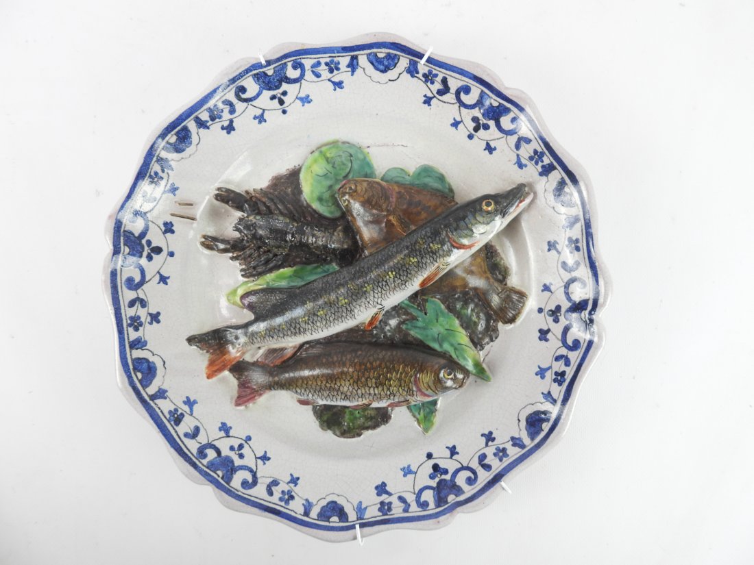19th Leon Brard Palissy style round scalloped dish decorated with a sole, a pike and a crayfish (1 of 3)